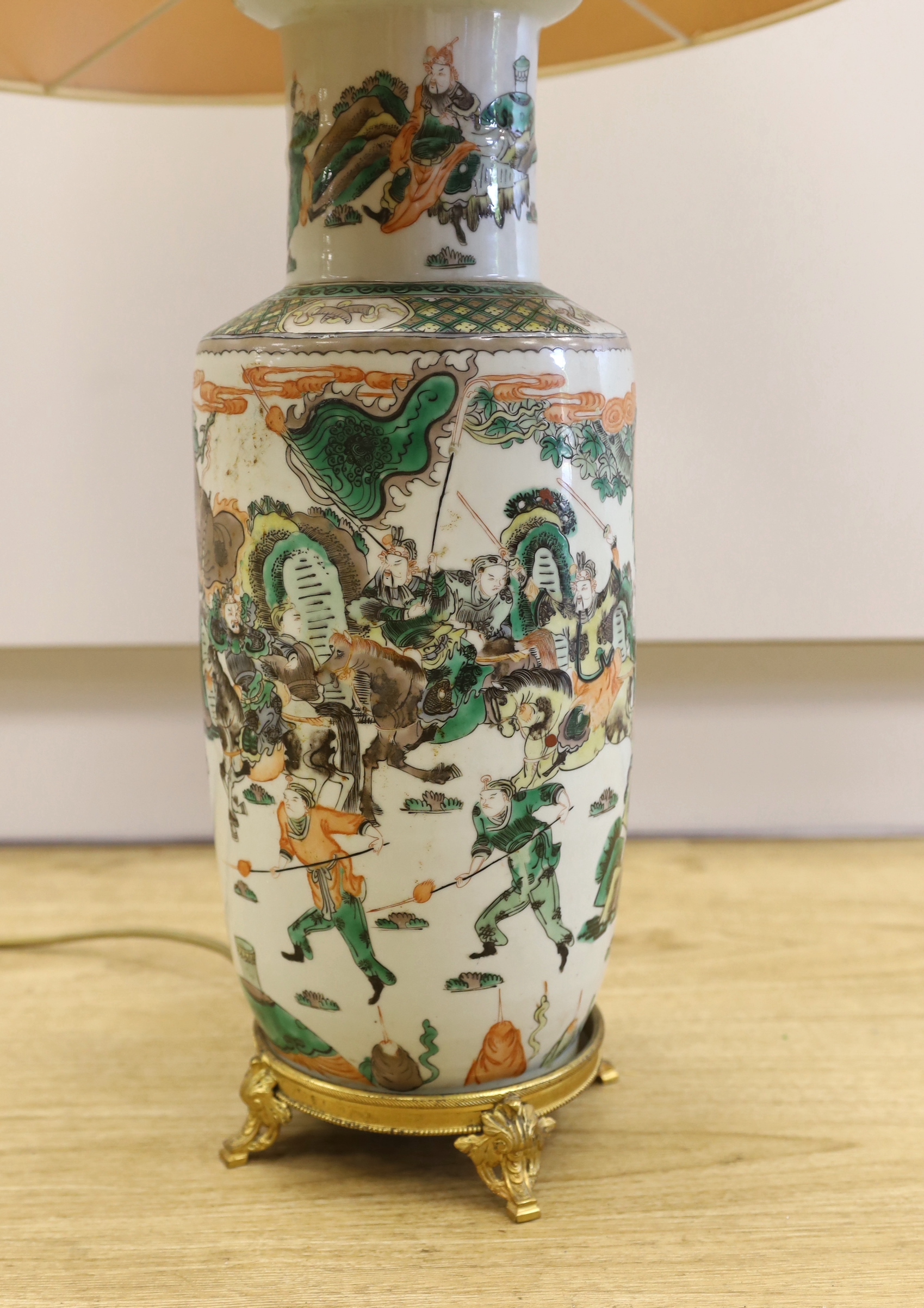 A 19th century Chinese famille verte rouleau vase with gilt metal base, now as a lamp, vase base 48cm high
